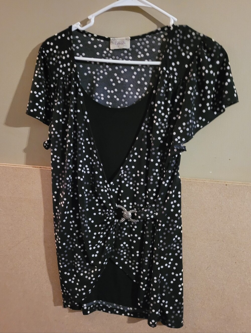 Lavish Black Polka Dot Short Sleeve Wrap-Style Tunic Small